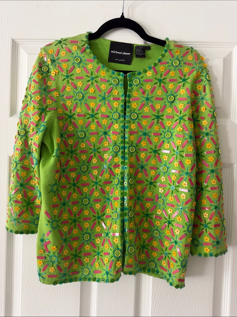 Vintage Michael Simon Chartreuse Green Beaded Starburst Floral Cardigan